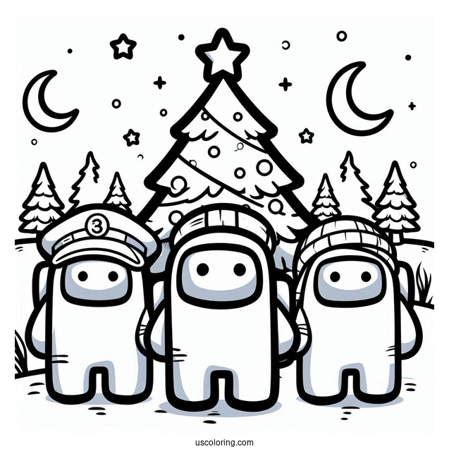 Simple Coloring Sheet of Crewmate with Christmas Tree