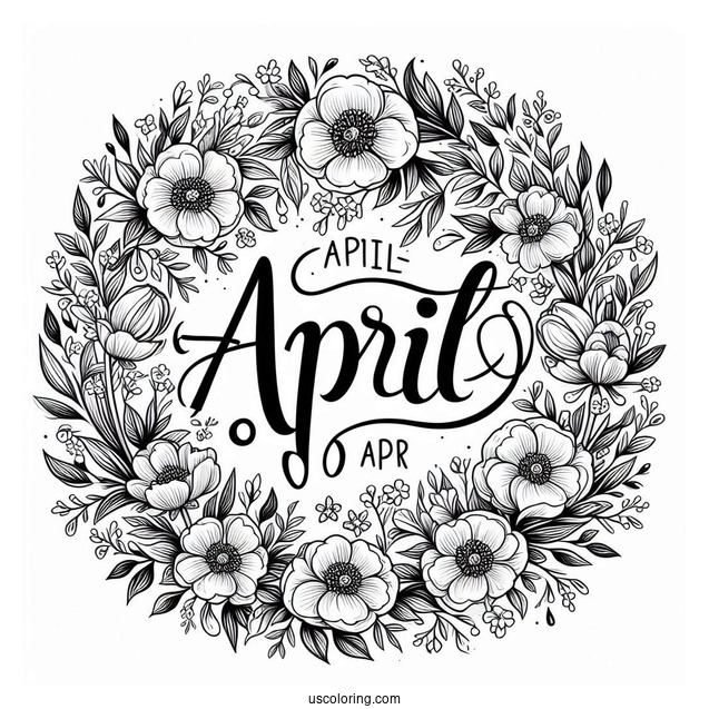 Elegant April Coloring Page Script With Floral Frame