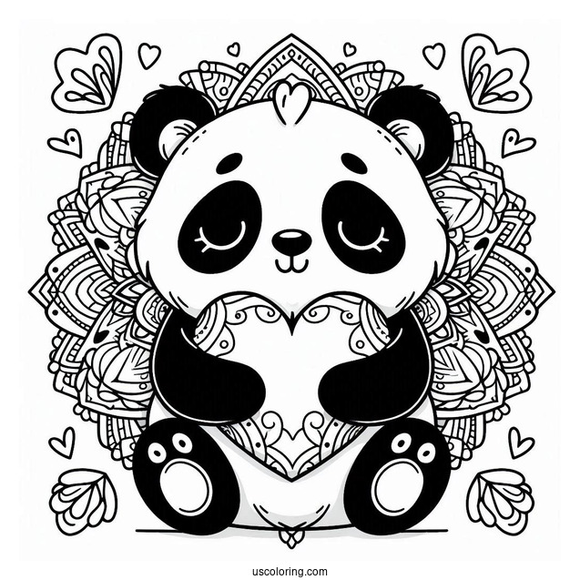 Cute Panda hugging A Love Heart Animal Mandala Coloring Page For Kids