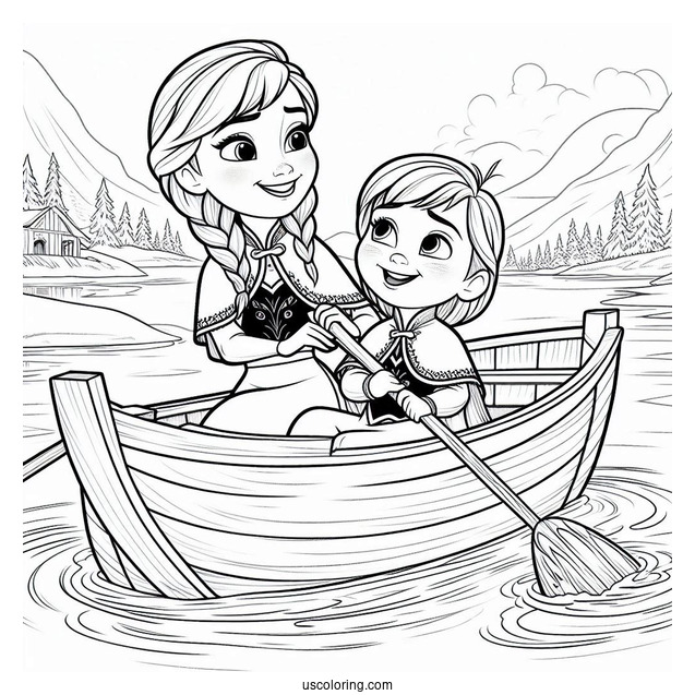 Anna And Olaf Riding Ice Boat In Water Coloring Page