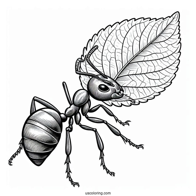 Realistic Ant Coloring Page Carrying A Leaf
