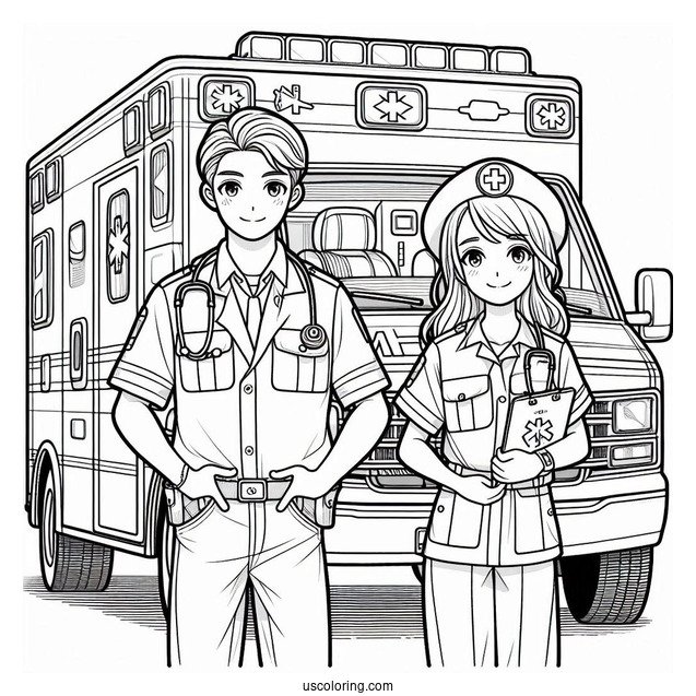 Male And Female Paramedics Standing In Front Of An Ambulance Coloring Page
