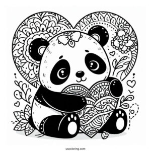Cute Panda hugging A Love Heart Animal Mandala Coloring Page For Kids