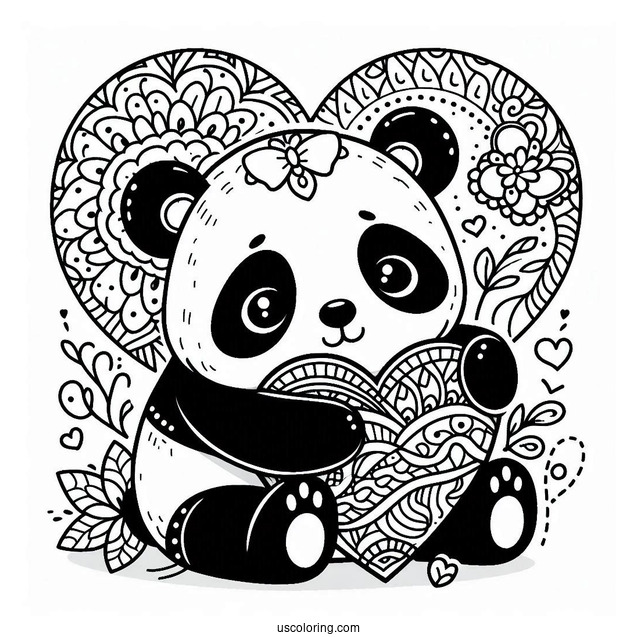 Cute Panda hugging A Love Heart Animal Mandala Coloring Page For Kids