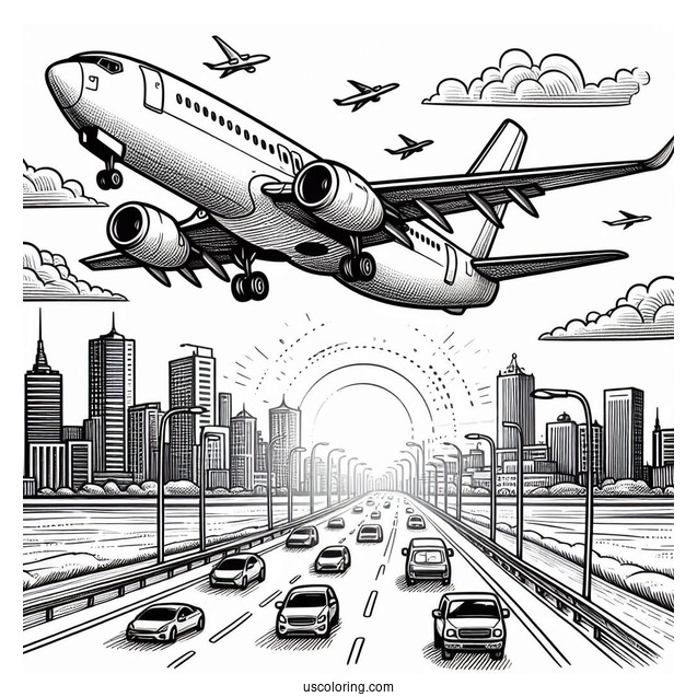 Airplane Taking Off From Airport Coloring Sheet