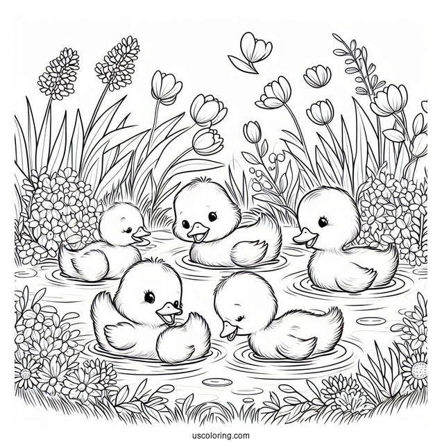 Ducklings Swimming In A Pond In April Coloring Page For Kids