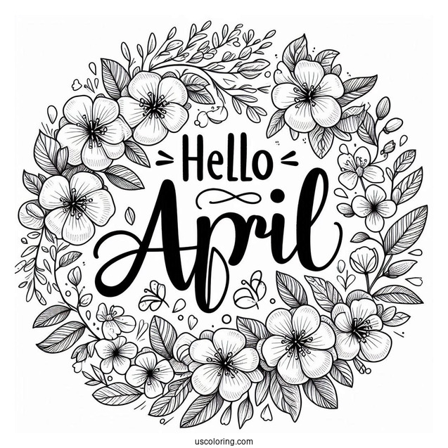 Hello April Coloring Page Words Over Blooming Flowers