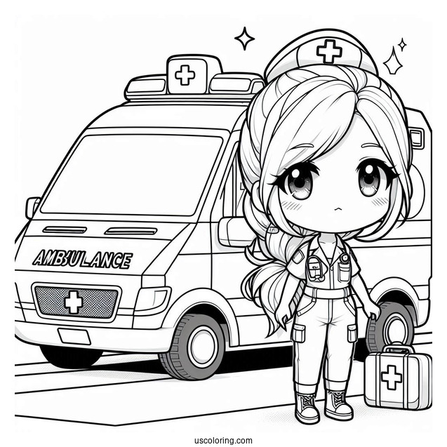 Chibi Paramedic Standing Beside An Ambulance Coloring Page