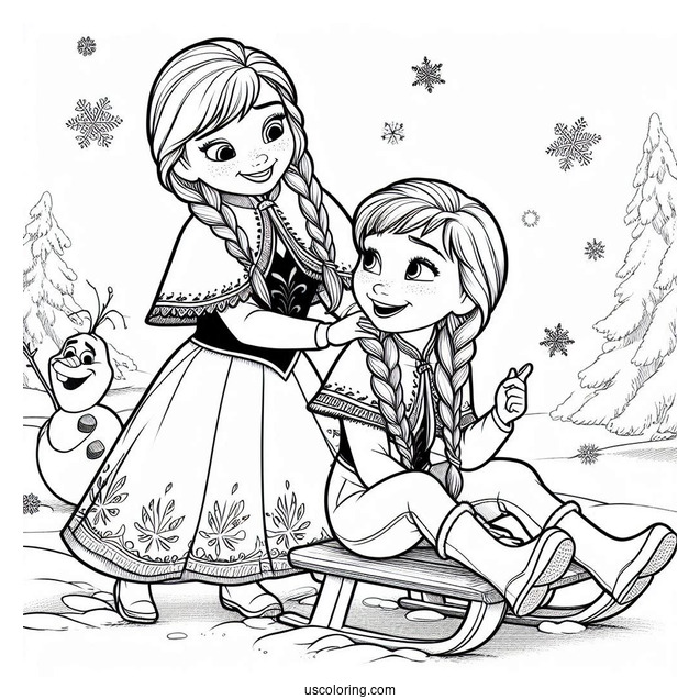 Anna And Olaf Playing In The Snow Coloring Page