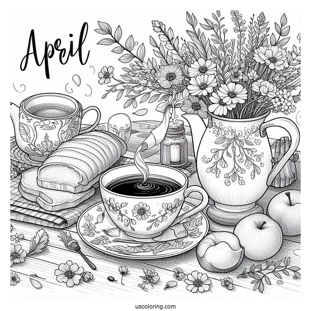 Calm April Coloring Page Morning With Tea, Bread And Flowers