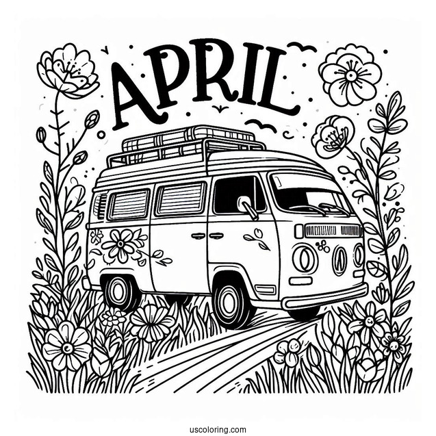 April Coloring Page Adventure Await Campervan In A Flower Field