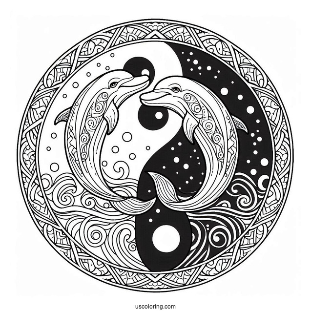 Dolphin Between Two Yin And Yang Animal Mandala Coloring Page