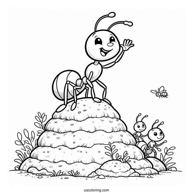 Cartoon Ant Coloring Page Waving From An Anthill