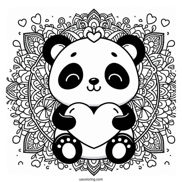 Cute Panda hugging A Love Heart Animal Mandala Coloring Page For Kids