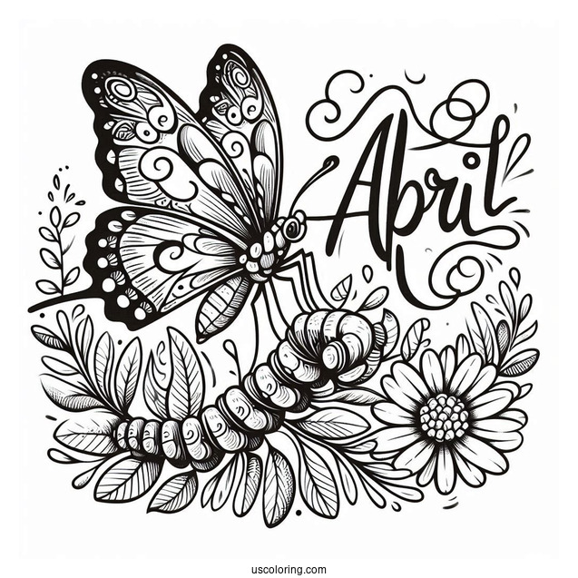 April Coloring Page Script Above Butterfly Perched On A Caterpillar