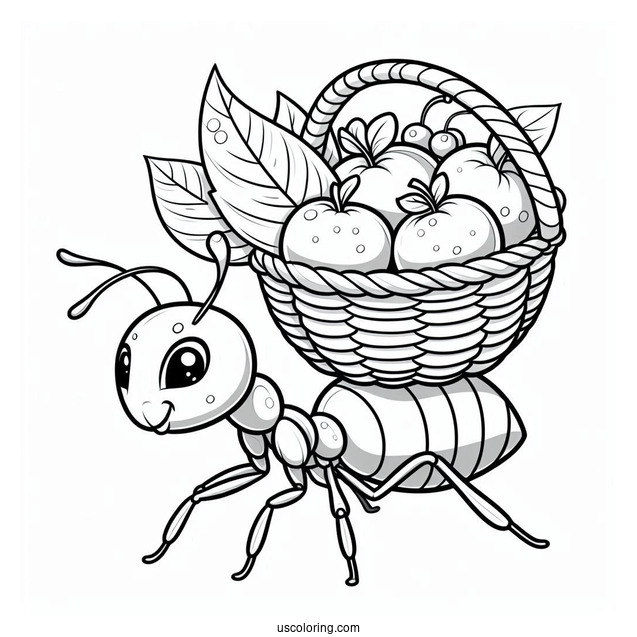 Ant Coloring Page Carrying Leaf Basket Of Fruits
