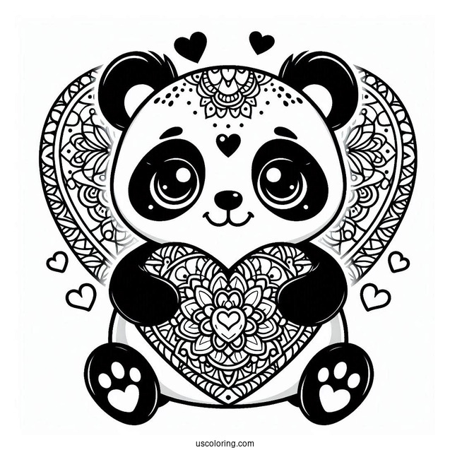 Cute Panda hugging A Love Heart Animal Mandala Coloring Page For Kids