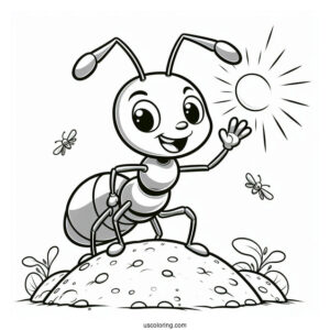 Cartoon Ant Coloring Page Waving From An Anthill