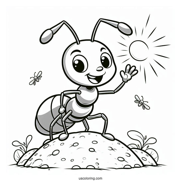 Cartoon Ant Coloring Page Waving From An Anthill