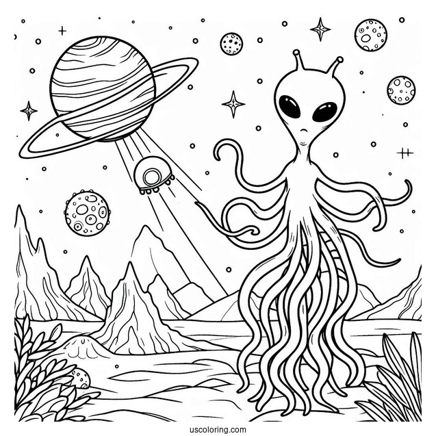 Coloring Page Of Alien On Faraway Planet