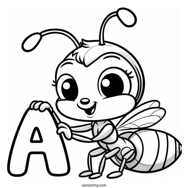 Cute Ant Coloring Page Holding Letter A For Kids