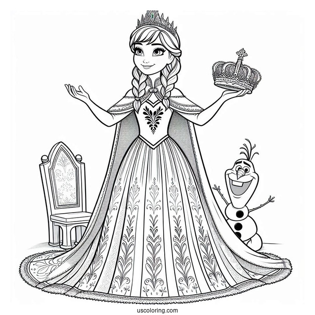 Queen Anna In Coronation With Olaf Coloring Page