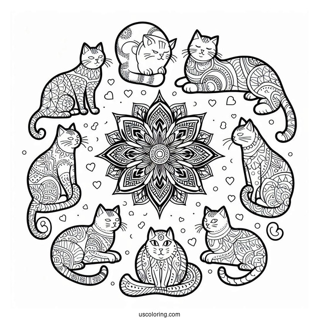 Cats Surrounding A Simple Animal Mandala Coloring Page For Kids