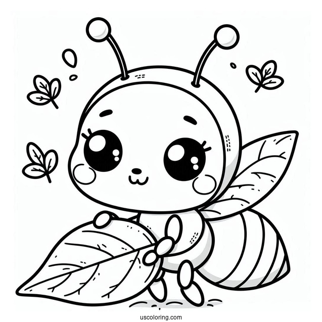 Kawaii Ant Coloring Page Holding A Leaf For Preschoolers