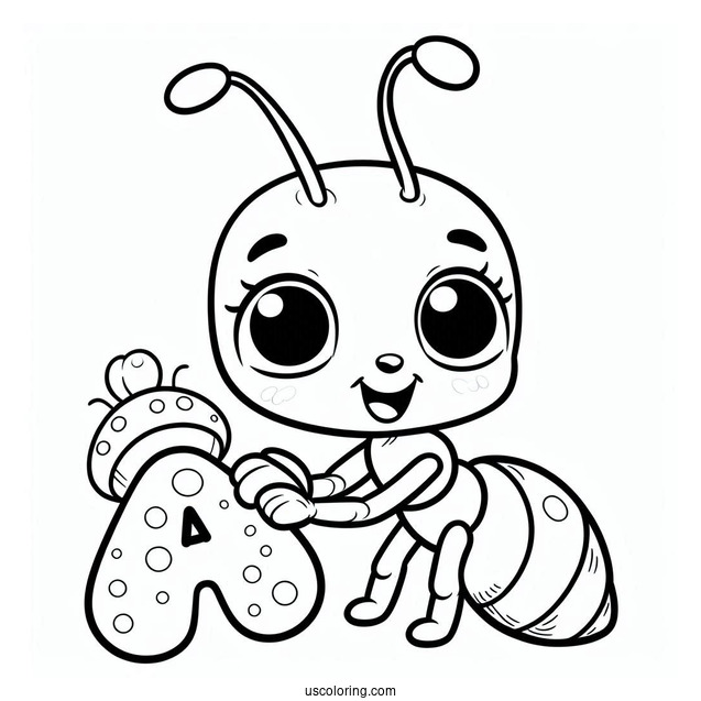 Cute Ant Coloring Page Holding Letter A For Kids