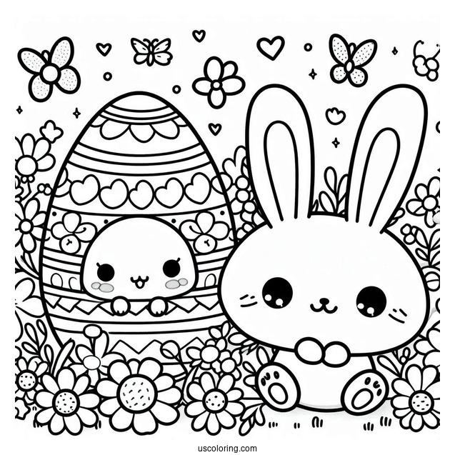 Kawaii Easter Egg And Bunny In April Coloring Page For Kids