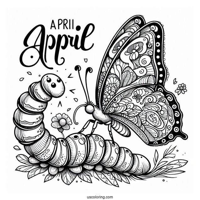 April Coloring Page Script Above Butterfly Perched On A Caterpillar