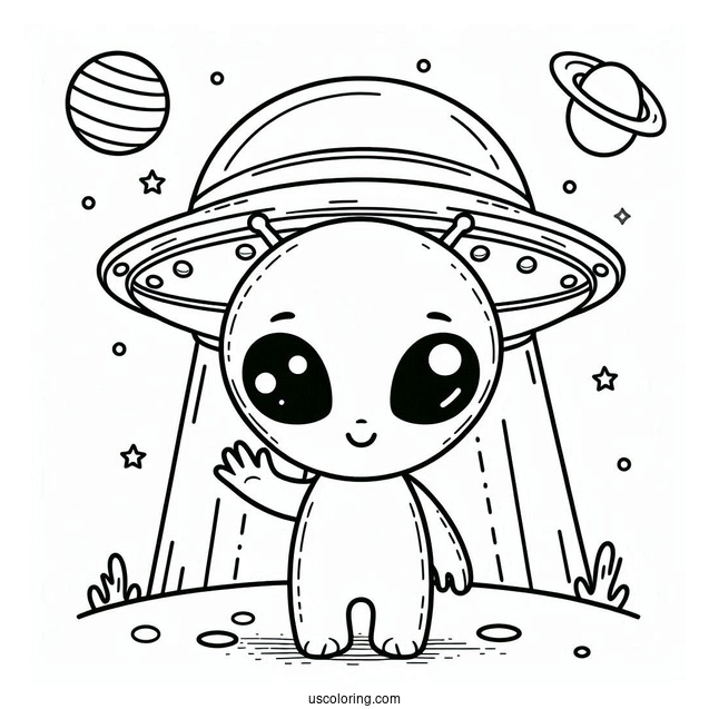 Cute Alien Coloring Page Waving From A Spaceship
