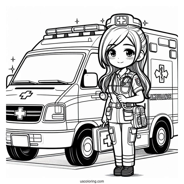 Ambulance Coloring Page Of Female Paramedic Carrying Equipment