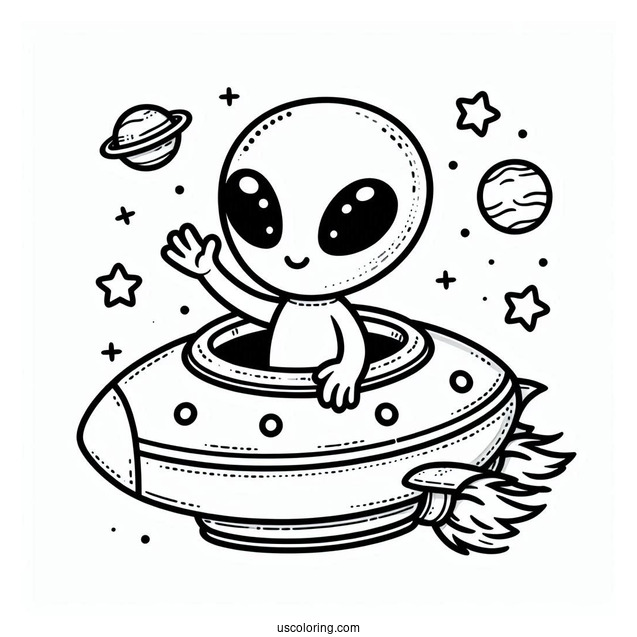 Cute Alien Coloring Page Waving From A Spaceship