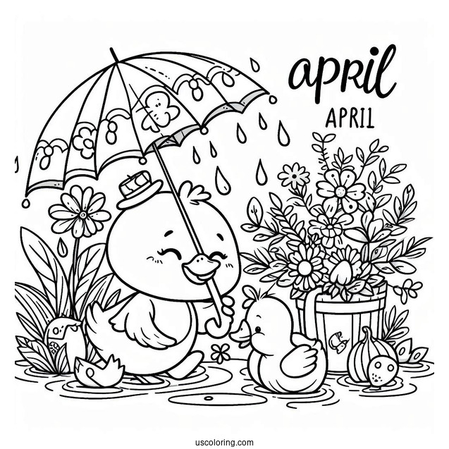 April Coloring Page Showers Bring May Flowers With Duck Playing