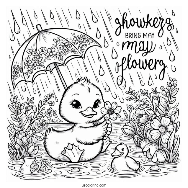 April Coloring Page Showers Bring May Flowers With Duck Playing