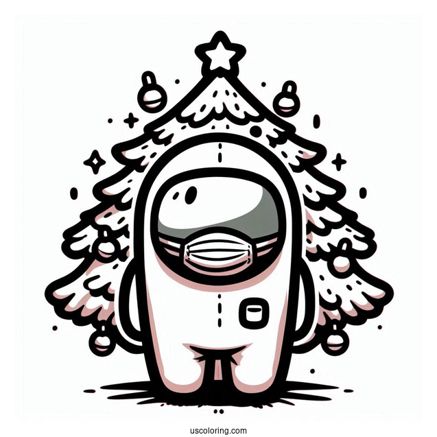 Simple Coloring Sheet of Crewmate with Christmas Tree