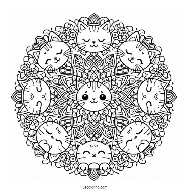 Cats Surrounding A Simple Animal Mandala Coloring Page For Kids