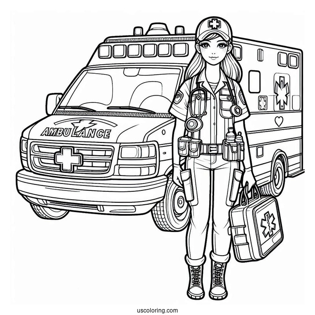 Ambulance Coloring Page Of Female Paramedic Carrying Equipment