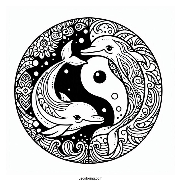 Dolphin Between Two Yin And Yang Animal Mandala Coloring Page