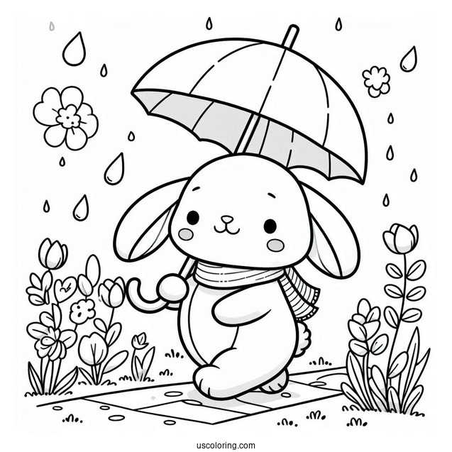 Rabbit With An Umbrella Taking A Stroll In April Coloring Page
