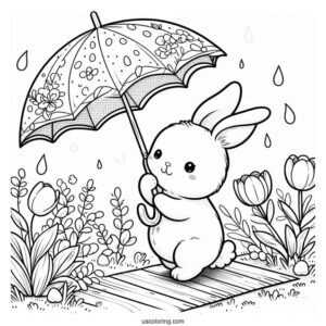 Rabbit With An Umbrella Taking A Stroll In April Coloring Page