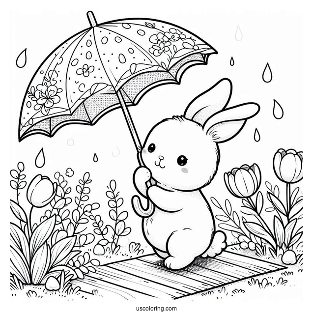 Rabbit With An Umbrella Taking A Stroll In April Coloring Page