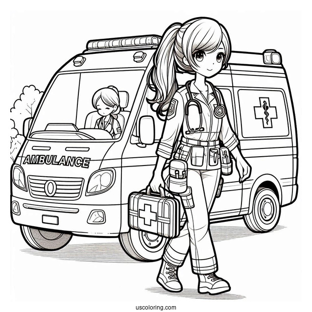 Ambulance Coloring Page Of Female Paramedic Carrying Equipment