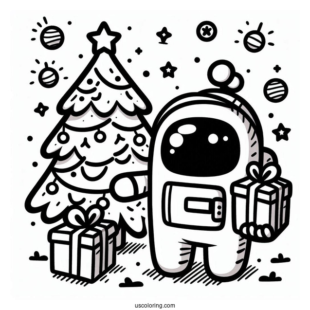 Simple Coloring Sheet of Crewmate with Christmas Tree
