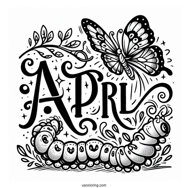 April Coloring Page Script Above Butterfly Perched On A Caterpillar