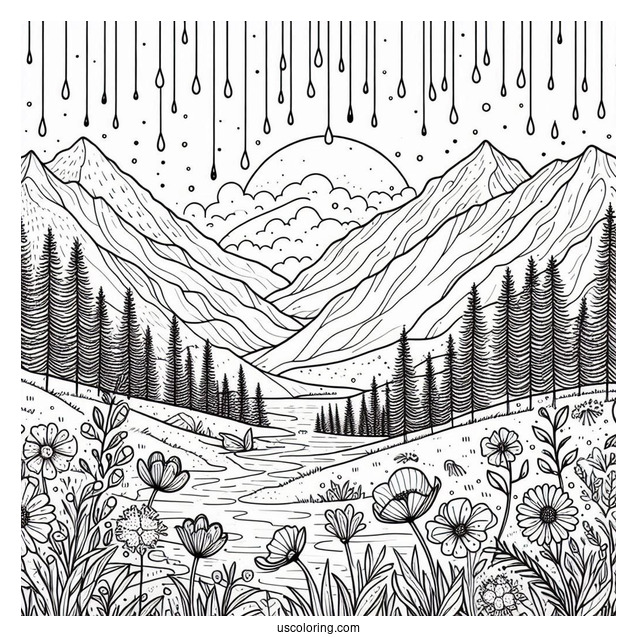 April Coloring Page Showers Over Mountain Landscape