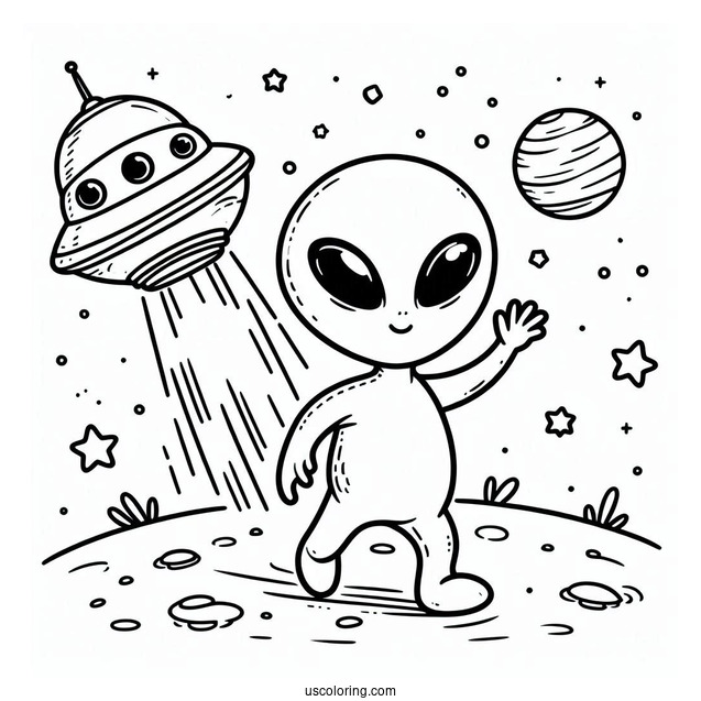 Cute Alien Coloring Page Waving From A Spaceship