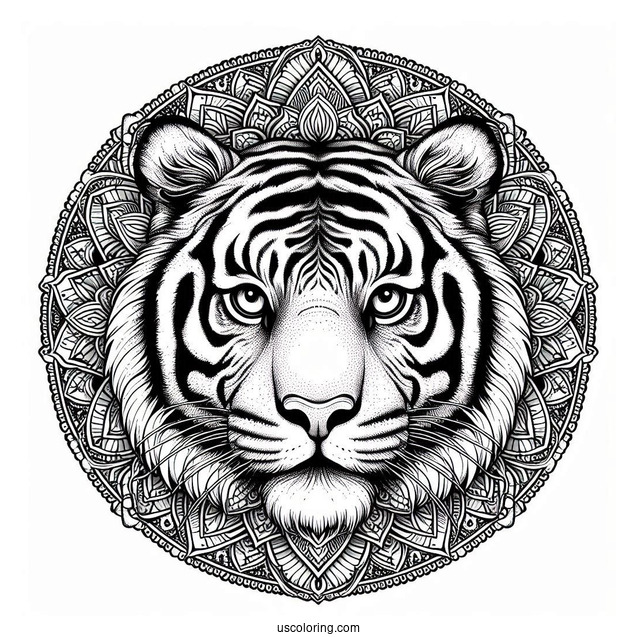 Realistic Tiger Head Inside An Animal Mandala Coloring Page
