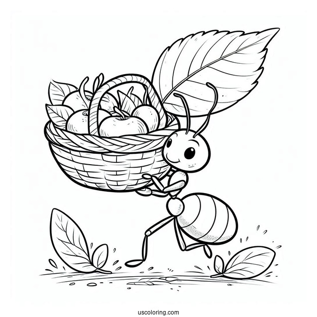 Ant Coloring Page Carrying Leaf Basket Of Fruits